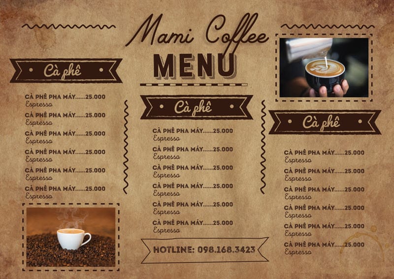 In menu quán cà phê nhanh, giá rẻ, miễn phí thiết kế tại Hà Nội